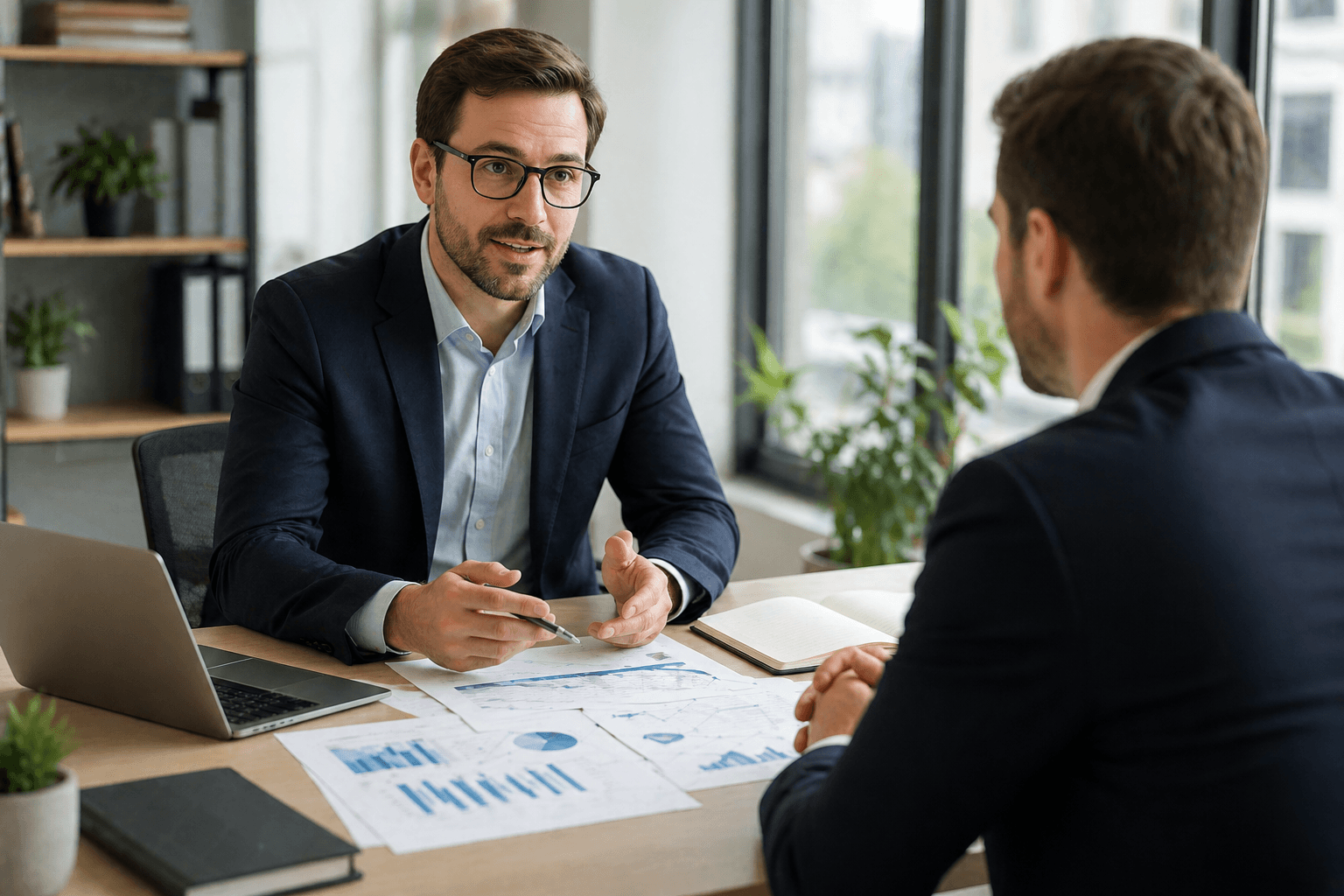 Business professionals reviewing reports and discussing performance at office desk